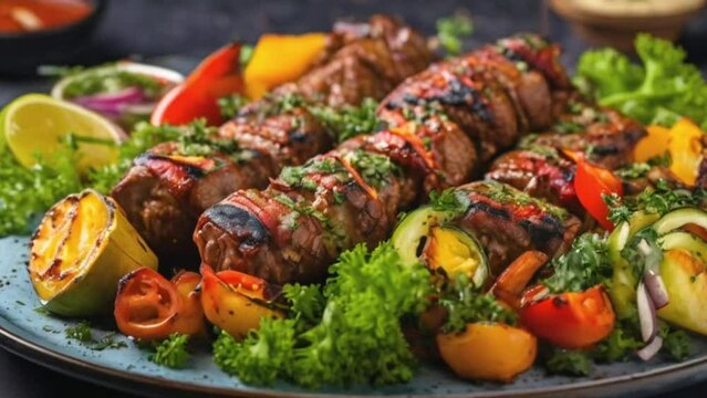close up of a skewer of meat and vegetables, kebab, hd food photography, skewer, meat texture, istockphoto, meat, meal, chicken, dinner, dish, pork, grilled, delicious, lunch, plate, cuisine, barbecue