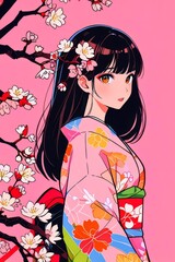 A girl in Japanese kimono floral Anime style illustration, flat anime illustration, vector art, anime background