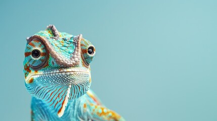 A curious chameleon peeking out from a solid sky blue background with space above for text