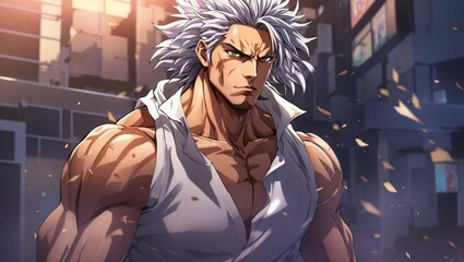 "Cool anime guy with white hair and dark eyes"