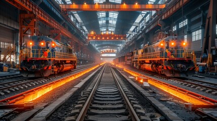 Obraz premium Two trains facing each other on tracks with glowing steel being transported in an industrial warehouse.