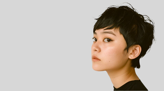 Retrato de mujer joven asi&aacute;tica de perfil con pelo corto moreno sobre fondo gris para publicidad, web o anuncio.