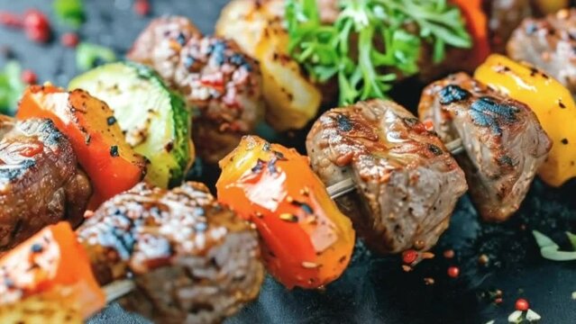 a close up of a skewer of meat and vegetables, kebab, hd food photography, skewer, meat texture, istockphoto, high quality stock picture, alamy stock photo, high quality product image&rdquo;, multicolorefoo