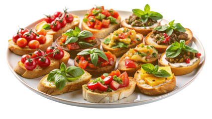 platter of assorted bruschetta isolated on Transparent background.