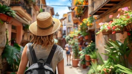 Fototapeta premium Traveling woman exploring charming old town street adorned with flowers in Spain, seen from behind.