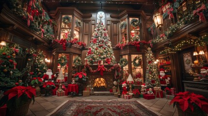 A lavishly decorated interior with a large Christmas tree, festive ornaments, garlands, and red poinsettias.