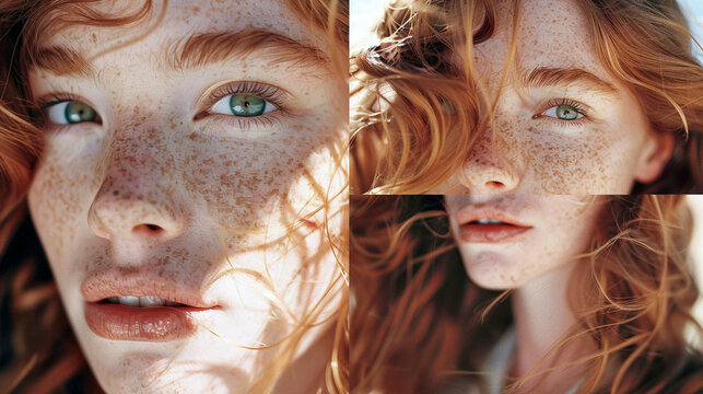 Doble retrato de una mujer modelo pelirroja con pecas y el pelo ondulado en un d&iacute;a soleado al exterior.