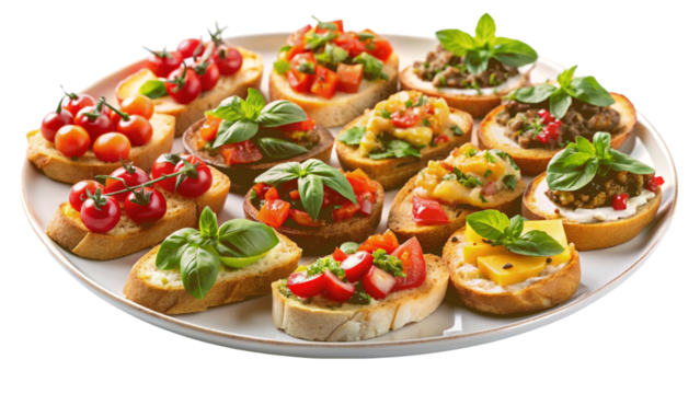platter of assorted bruschetta isolated on Transparent background.