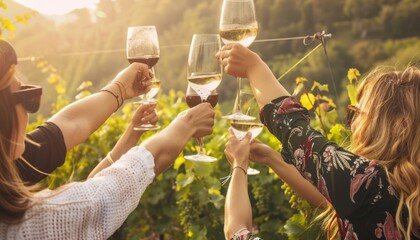 A Toast to Friendship: Young Friends Enjoying Wine in a Vineyard