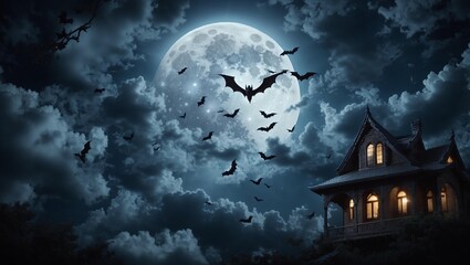 Fototapeta premium A spooky night with a full moon and bats.