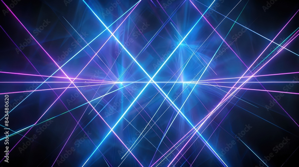 Aufkleber a series of intersecting blue and violet laser beams creating a geometric pattern against a pitch-bl