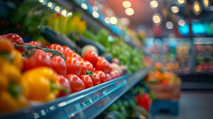 Colorful fresh fruits and vegetables on refrigerated shelves in a store with soft-focus background lighting.