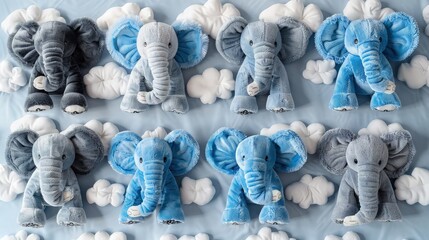 Fototapeta premium A set of cartoon-styled stuffed animal elephants in various shades of blue and gray, each isolated on a fluffy cloud-patterned background, emphasizing their soft and cuddly nature.