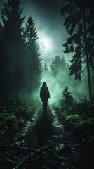 A silhouette of a person standing on a moonlit path in a misty, dense forest creating an eerie atmosphere.