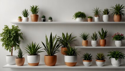 Generative AI A row of potted plants on a shelf, adding a touch of greenery to the room.