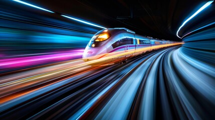A high-speed subway train in motion, blurring past with vibrant light trails in an underground tunnel.