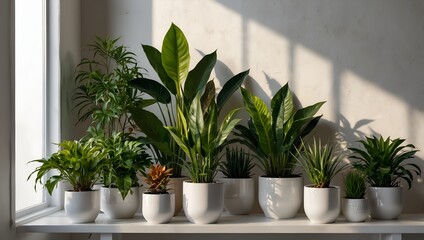 Generative AI A row of white pots with various green plants inside, sitting on a wooden shelf against a white wall.