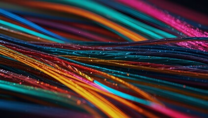 Generative AI Colorful cable with red, blue, and yellow wires intertwined in a close-up shot.