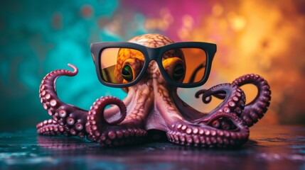 Fototapeta premium A humorous image of an octopus wearing sunglasses against a colorful, bokeh background in a studio setting.