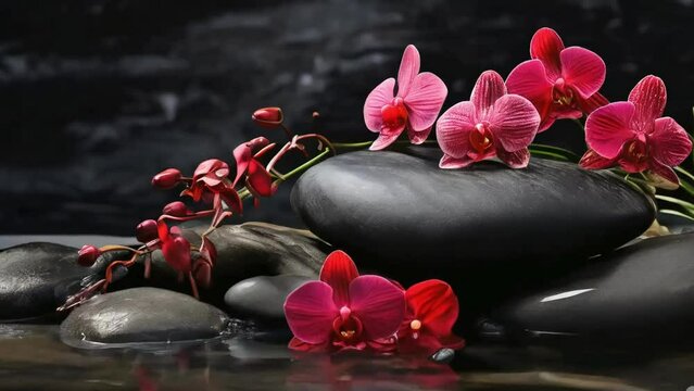 red Orchids and spa stones balance on calm water, claming spa videos, calming ambient videos, relaxing videos, seamless looping 4k videos, youtube, stock videos, asmr videos, calming nature videos