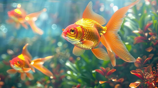 Goldfish in a lush aquatic environment, embodying wealth and positive energy, Feng Shui wall art, 3D rendering, bright hues, dynamic composition