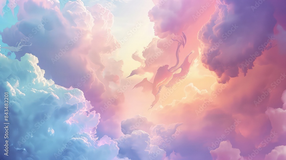 Poster a soft, dreamy cloudscape where the clouds form shapes of fantastical creatures and objects, floatin