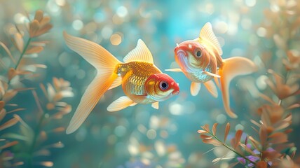 Goldfish in a lush aquatic environment, embodying wealth and positive energy, Feng Shui wall art, 3D rendering, bright hues, dynamic composition