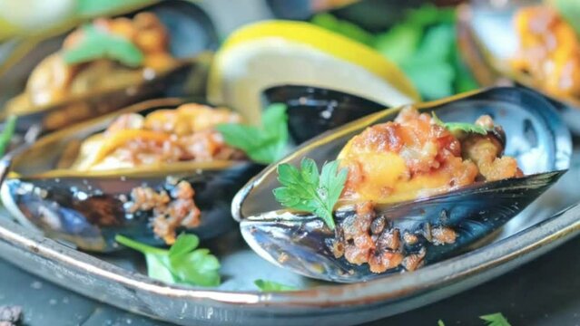 Turkish style appetizer street food stuffed mussels called midye dolma with lemon , Turkish kokorec and sucuk. High quality 4k footage 4K HD Video 2024
