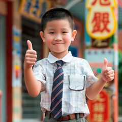 boy in school uniform smiling his first day and raising thumbs up