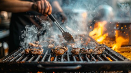 A professional chef grills succulent steaks over an open flame, with smoke rising from the charred grill.