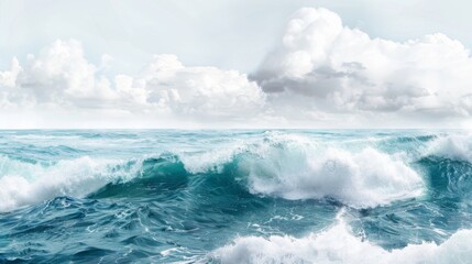 Fototapeta premium A serene image depicting the gentle undulations of ocean waves under a clear sky with soft clouds.