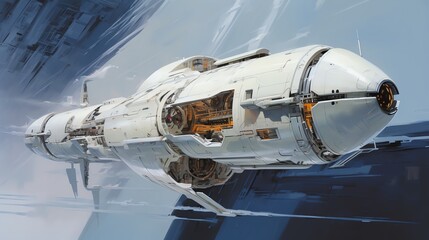 The spaceship is sleek and white, with a long, cylindrical body