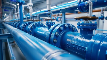 A perspective view of a large industrial boiler room with blue pipelines and valves for water treatment.