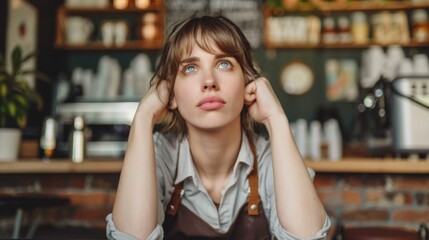 Fototapeta premium A thoughtful woman in an apron appears to take a break at a cozy café, surrounded by blurred shelves with bottles.