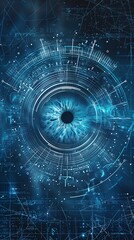 Enhance the iris of the eye with glowing blue light. Make the eye look futuristic and show a circuit board pattern on the iris.