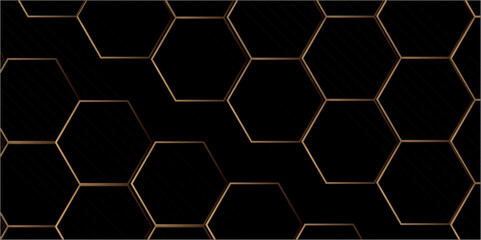 Luxury hexagonal abstract black background with golden light lines. Creative and decorative modern technological hexagon pattern background.