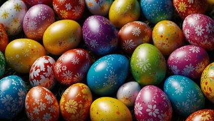 Generative AI Many colorful eggs arranged in a pile, creating a vibrant and festive display.