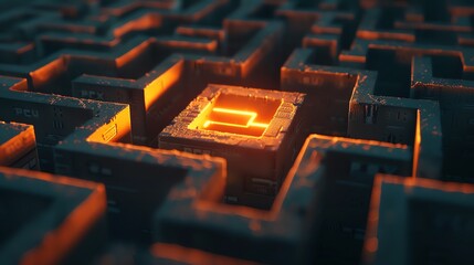 Obraz premium A glowing cube sits in the center of a dark maze. The cube is the only source of light in the maze.