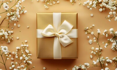 Golden Gift Box with White Bow and Delicate Flowers, Generative AI