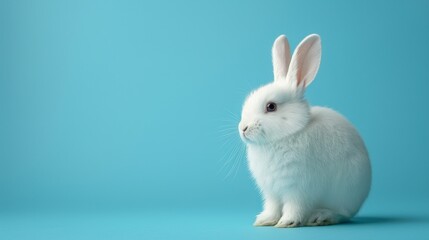 Obraz premium A cute white rabbit on a solid blue background with space above for text