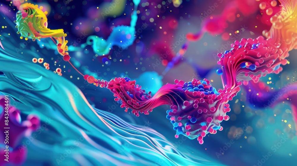 Poster a vibrant and colorful illustration of a biosensor at work, where recognition sites are visualized a
