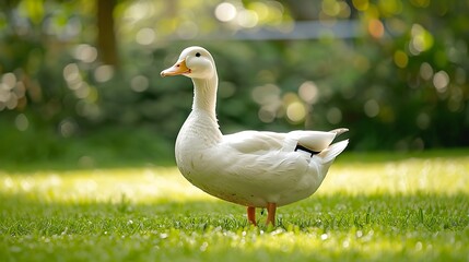 Obraz premium A white pekin duck stands on a green grassy lawn in summer