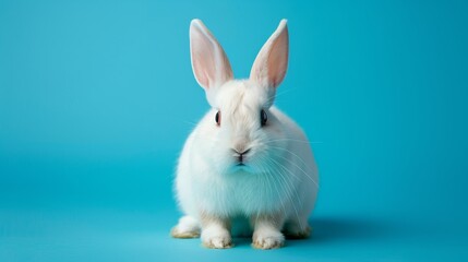 Obraz premium A cute white rabbit on a solid blue background with space above for text
