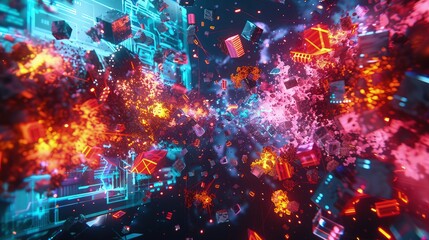 A visually rich cyber war zone with digital explosions and conflicts represented by clashing neon colors and fragmented data blocks.
