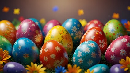 Generative AI Easter eggs and colorful flowers scattered on green grass, creating a vibrant and festive scene.