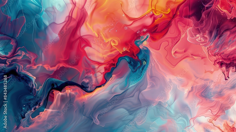 Poster an abstract art-inspired wallpaper with hidden icons that only appear when hovered over, promoting a