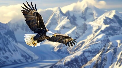 Fototapeta premium Bald eagle soaring over mountains