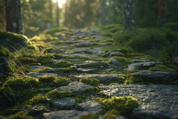 A moss-covered stone path meanders through a tranquil forest, illuminated by the dappled sunlight filtering through the trees, offering a sense of serenity.
