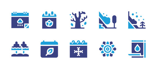 Seasons icon set. Duotone color. Vector illustration. Containing autumn, spring, avalanche, rainy, winter, calendar, trees, flower.