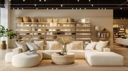 A chic luxury boutique with modern interior featuring elegant furniture, shelving with curated items, and warm lighting.